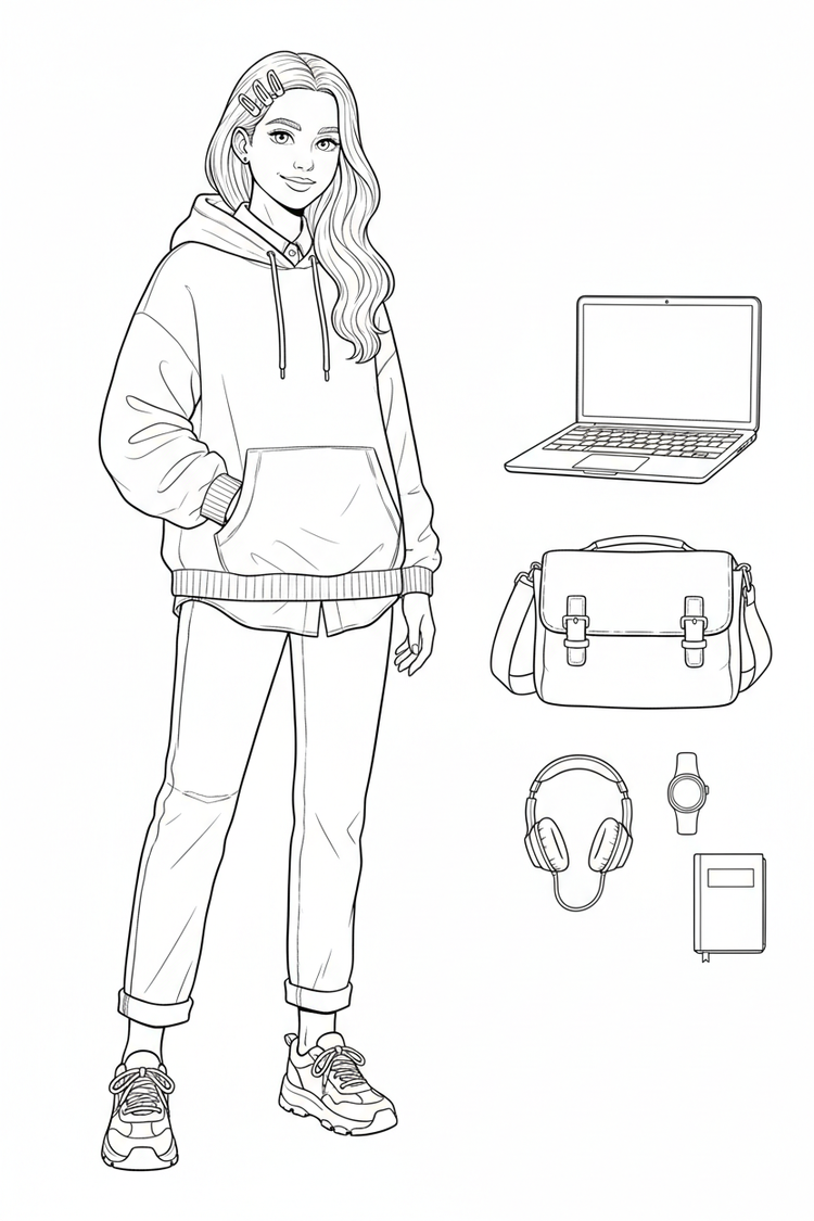 Black-and-white coloring page of a teen girl in a hoodie, collared shirt, straight-leg jeans, and sneakers with a laptop, messenger bag, headphones, smartwatch, hair clips, and notebook.