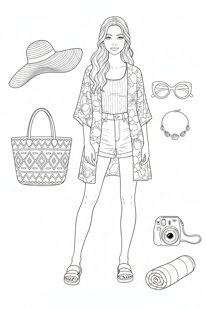 Beach-vacation fashion coloring page