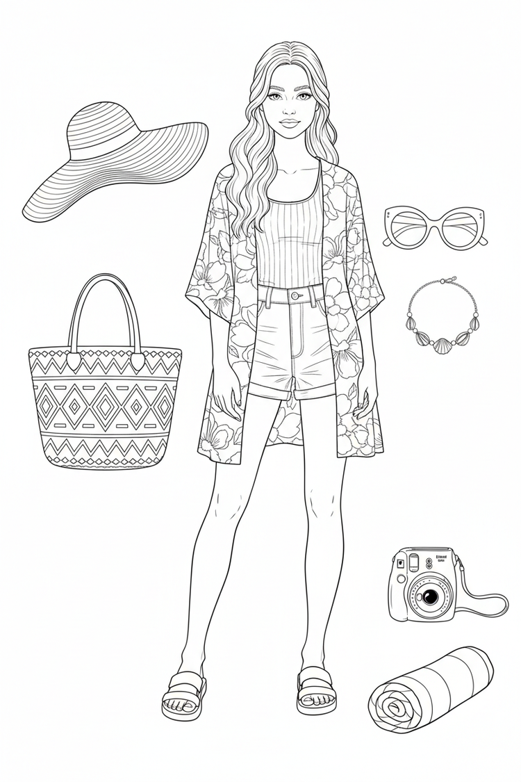 Beach-vacation fashion coloring page