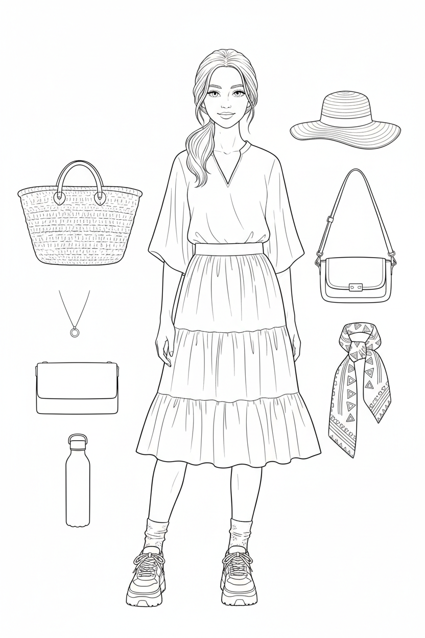 Black-and-white coloring page of a teen girl in a blouse, midi skirt, and sneakers with a woven basket, crossbody bag, sun hat, necklace, scarf, and reusable bottle.