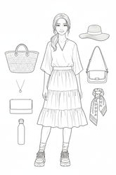 Black-and-white coloring page of a teen girl in a blouse, midi skirt, and sneakers with a woven basket, crossbody bag, sun hat, necklace, scarf, and reusable bottle.