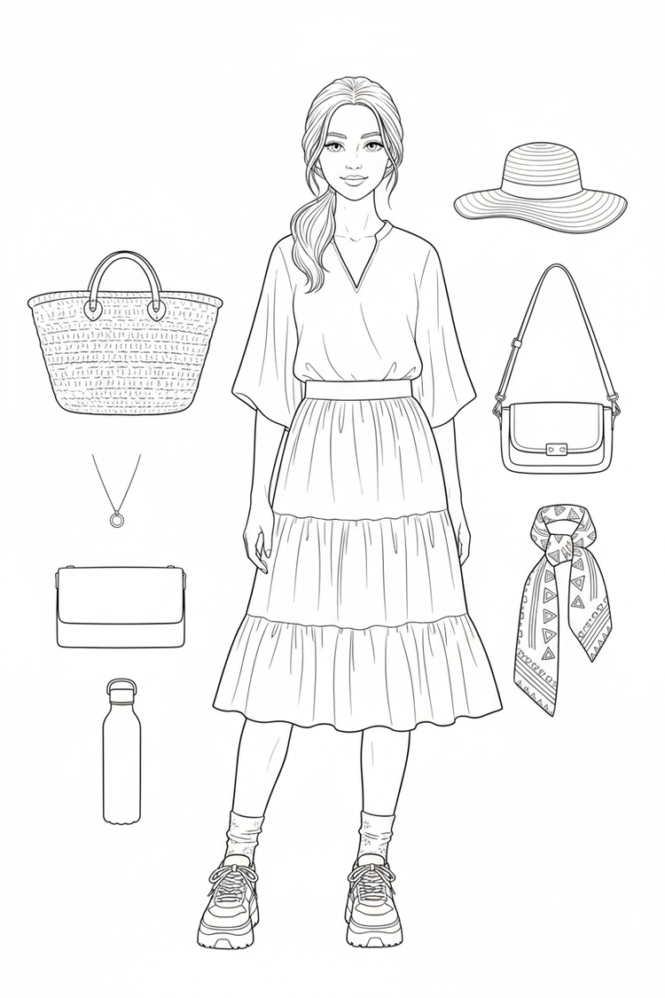 Black-and-white coloring page of a teen girl in a blouse, midi skirt, and sneakers with a woven basket, crossbody bag, sun hat, necklace, scarf, and reusable bottle.