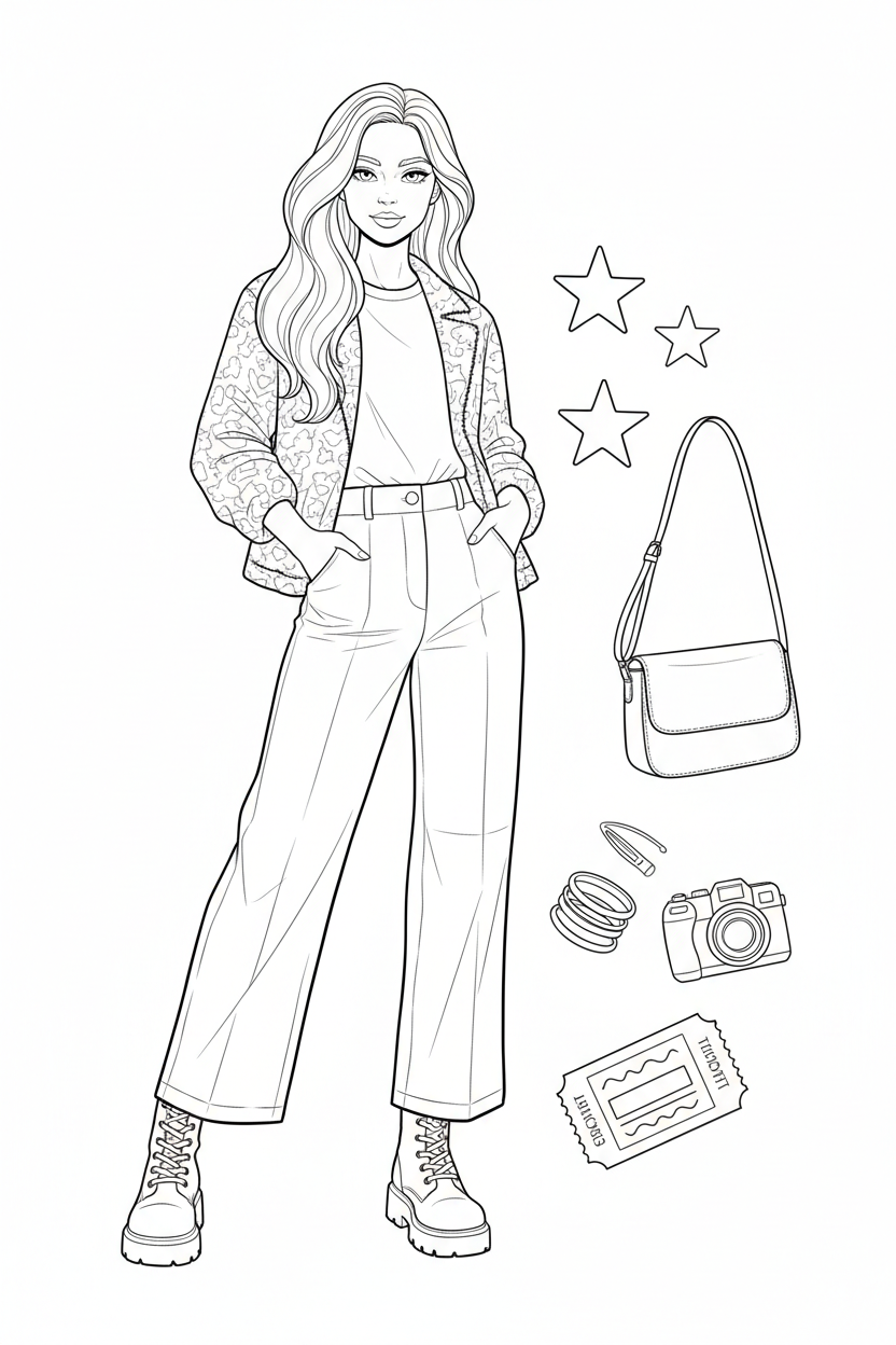 Black-and-white coloring page of a teen girl in a layered jacket, graphic-free top, wide-leg trousers, and ankle boots with a crossbody bag, star hair clips, bracelets, camera, and ticket stub.