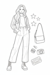 Black-and-white coloring page of a teen girl in a layered jacket, graphic-free top, wide-leg trousers, and ankle boots with a crossbody bag, star hair clips, bracelets, camera, and ticket stub.