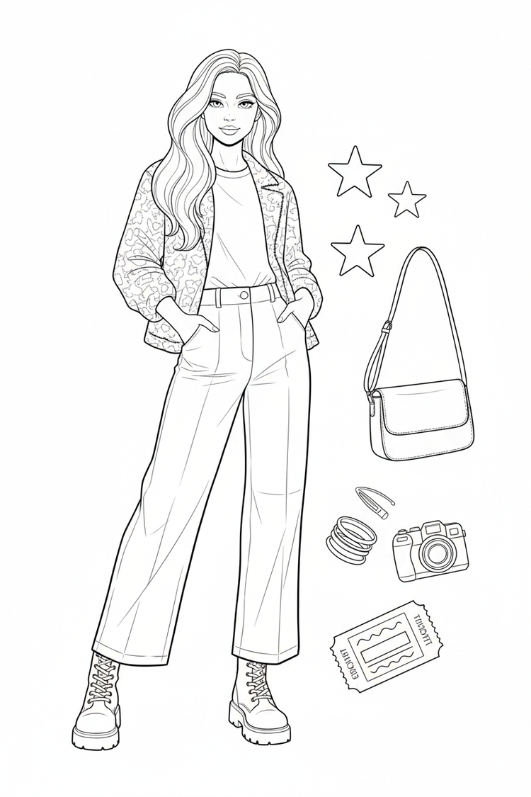 Black-and-white coloring page of a teen girl in a layered jacket, graphic-free top, wide-leg trousers, and ankle boots with a crossbody bag, star hair clips, bracelets, camera, and ticket stub.