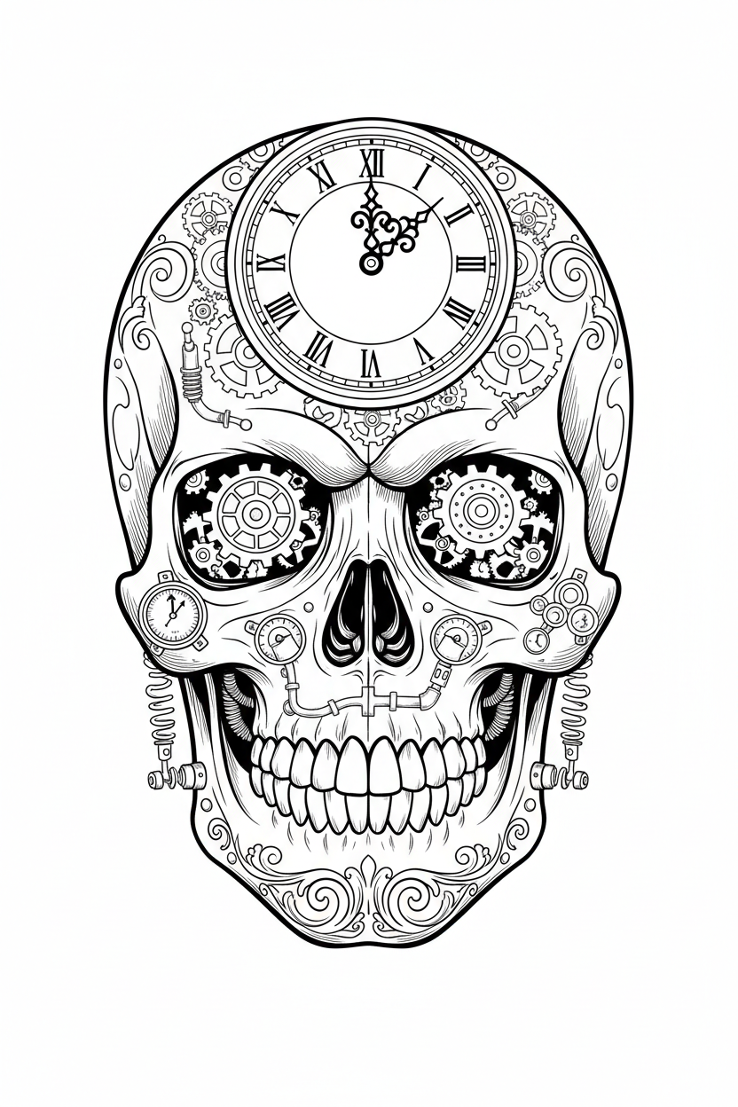 Clock Skull Coloring Page