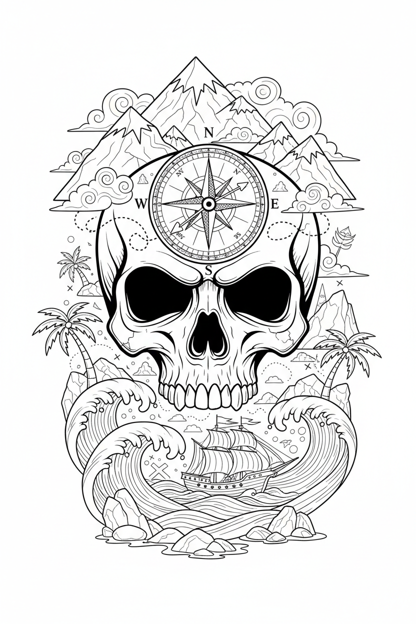 Compass Skull Coloring Page