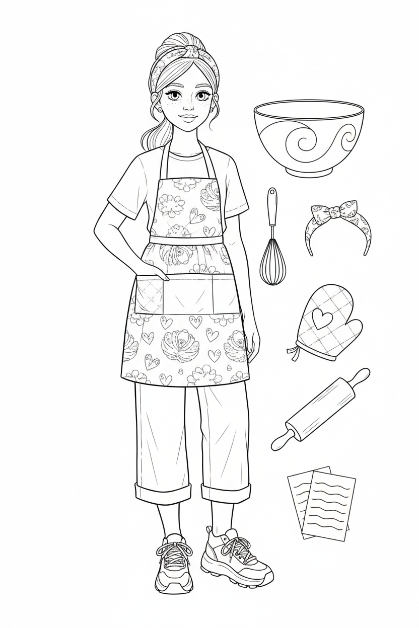 Creative baking-day fashion coloring page