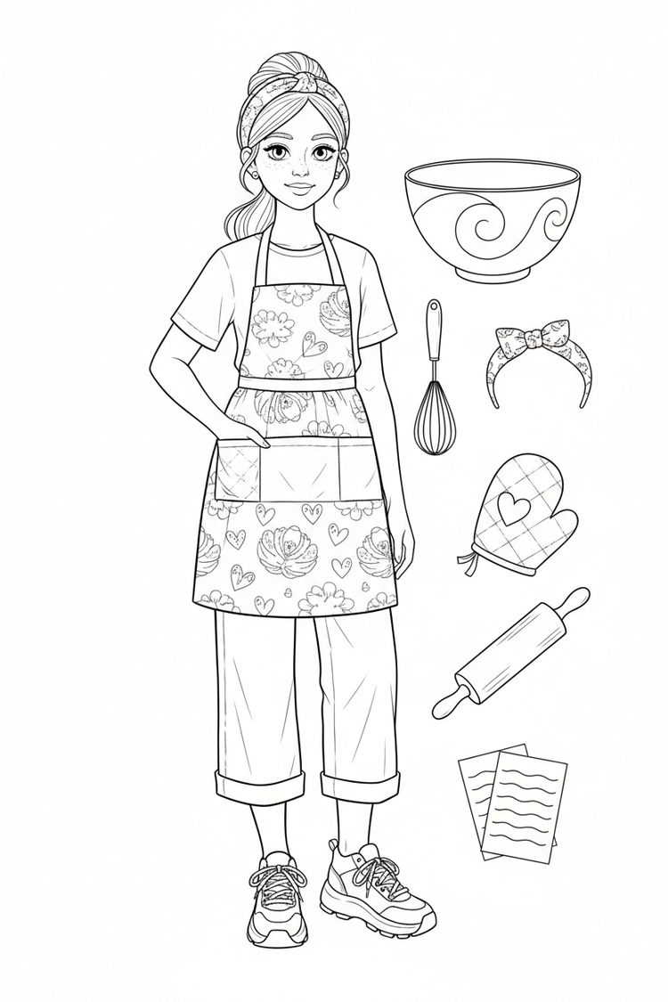 Creative baking-day fashion coloring page