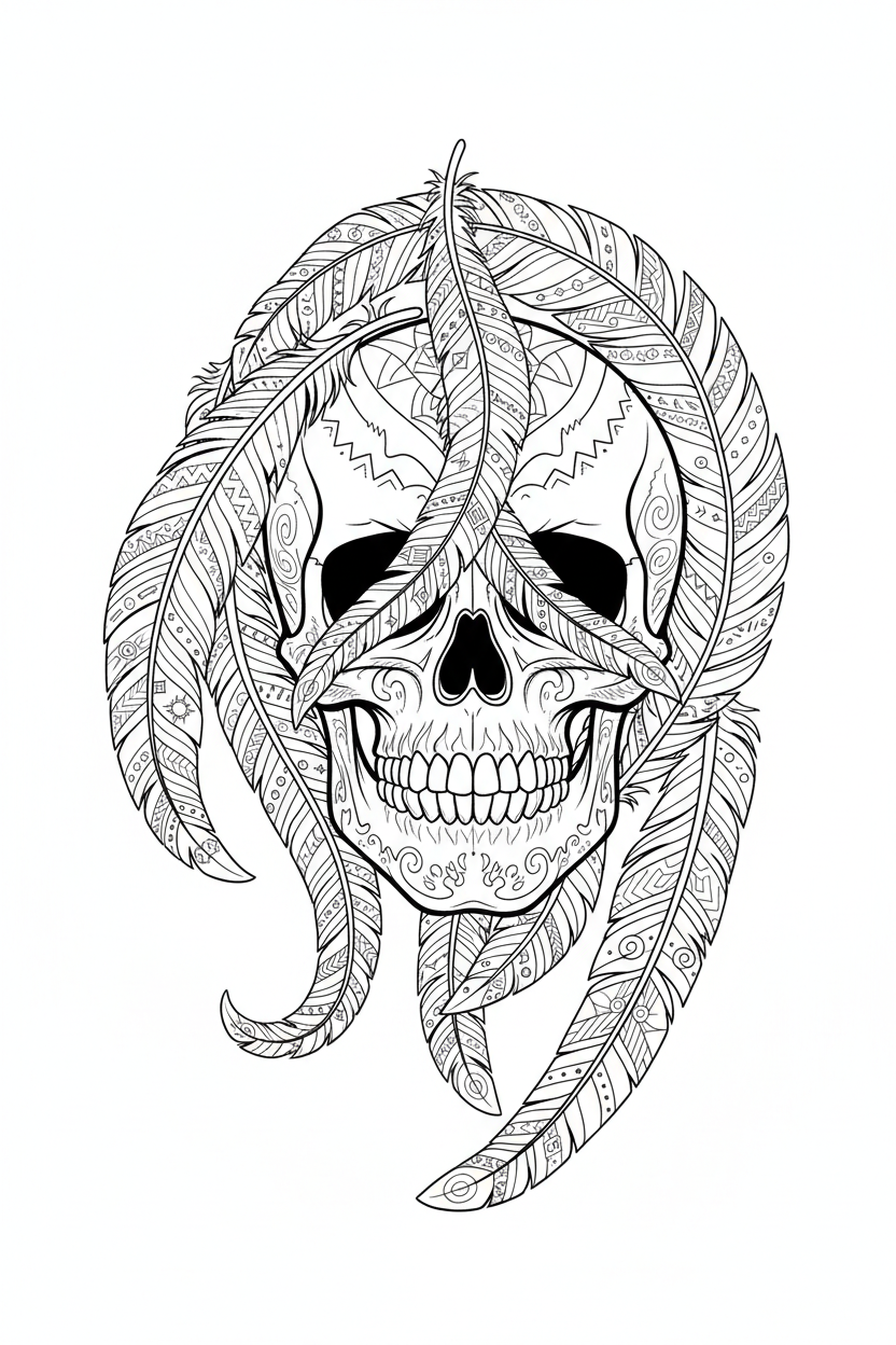 Feather Skull Coloring Page