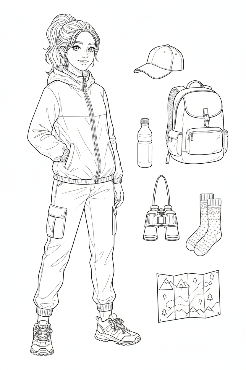 Hiking-adventure fashion coloring page