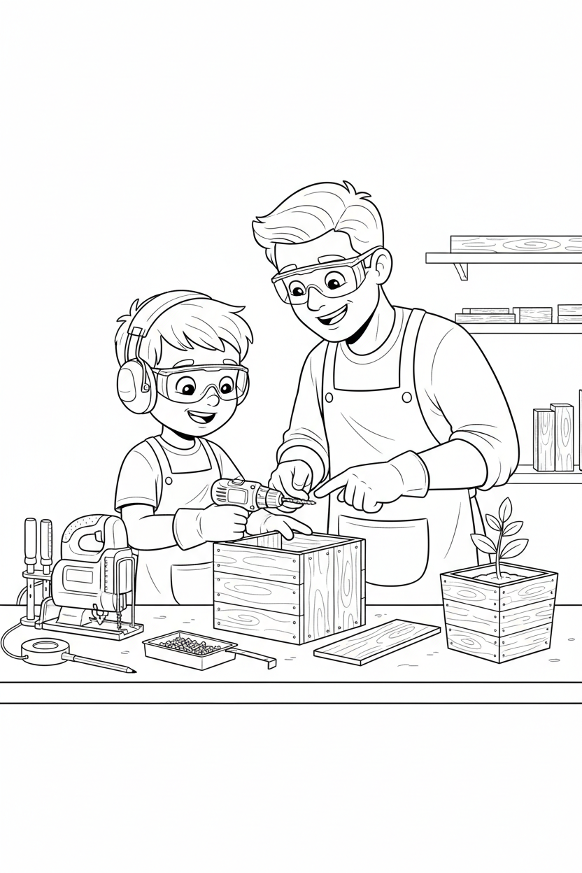 Black-and-white coloring page of a boy in safety gear with an adult supervisor building a planter box, with a stored jigsaw, clamps, measuring tape, pre-cut boards, and a finished planter with a plant.