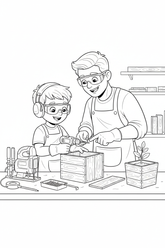 Black-and-white coloring page of a boy in safety gear with an adult supervisor building a planter box, with a stored jigsaw, clamps, measuring tape, pre-cut boards, and a finished planter with a plant.