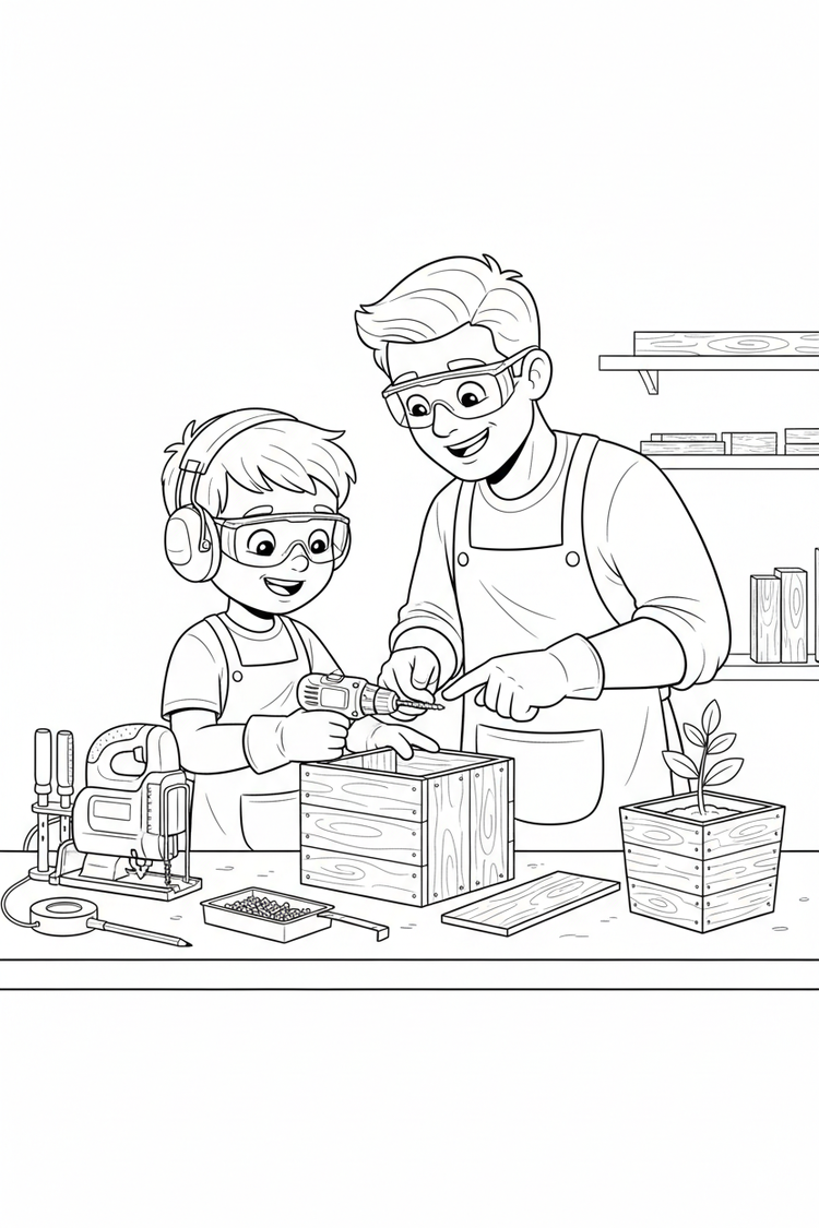 Black-and-white coloring page of a boy in safety gear with an adult supervisor building a planter box, with a stored jigsaw, clamps, measuring tape, pre-cut boards, and a finished planter with a plant.