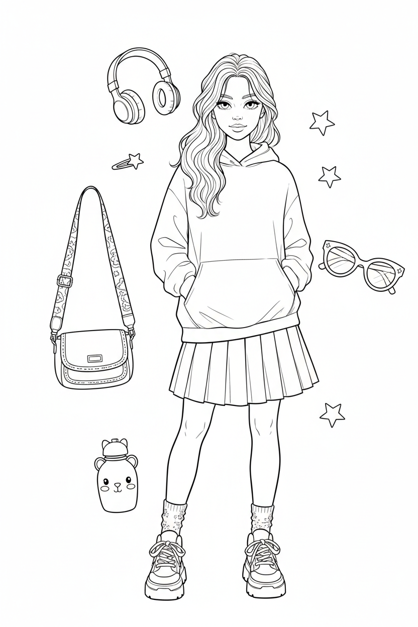 Black-and-white coloring page of a teen girl in a hoodie, pleated skirt, socks, and sneakers with a crossbody bag, headphones, hair clips, sunglasses, and water bottle.