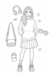 Black-and-white coloring page of a teen girl in a hoodie, pleated skirt, socks, and sneakers with a crossbody bag, headphones, hair clips, sunglasses, and water bottle.