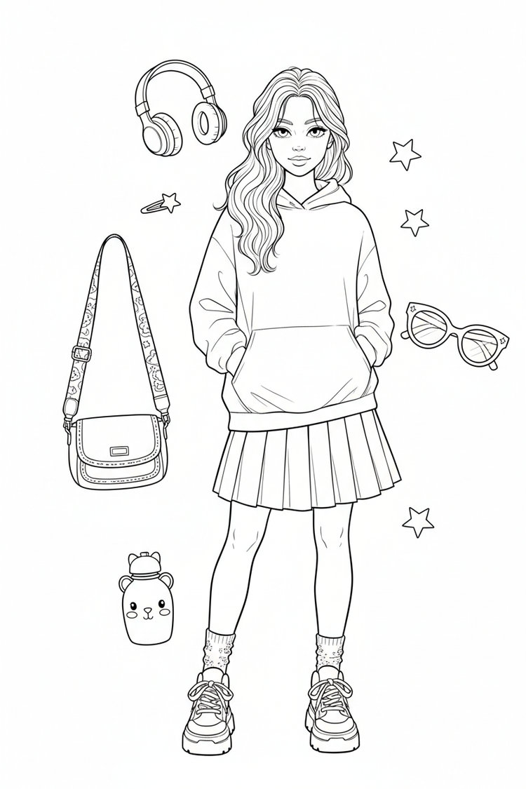Black-and-white coloring page of a teen girl in a hoodie, pleated skirt, socks, and sneakers with a crossbody bag, headphones, hair clips, sunglasses, and water bottle.