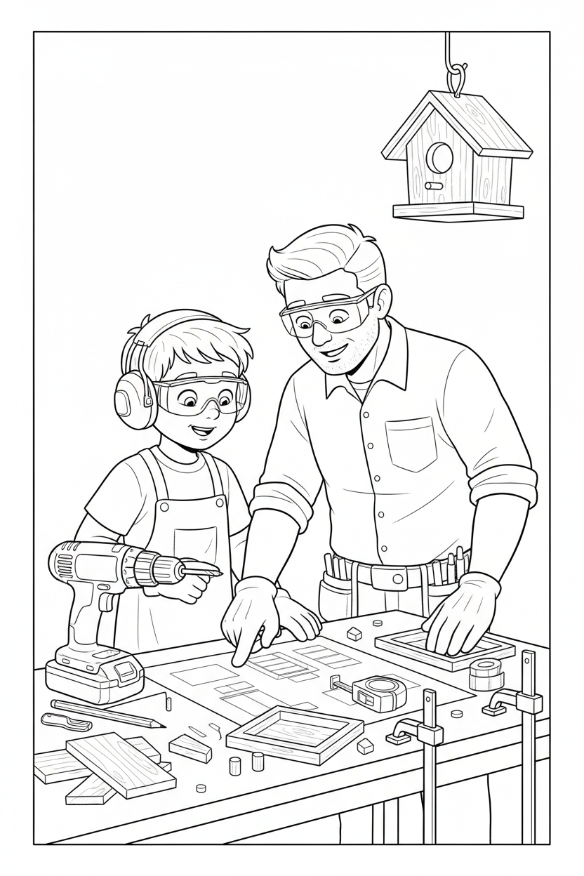 Black-and-white coloring page of a boy in safety gear with an adult supervisor planning a wooden bird feeder with a stored cordless drill, clamps, measuring tape, pre-cut wood, roof panels, seed tray, and finished feeder.