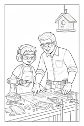 Black-and-white coloring page of a boy in safety gear with an adult supervisor planning a wooden bird feeder with a stored cordless drill, clamps, measuring tape, pre-cut wood, roof panels, seed tray, and finished feeder.