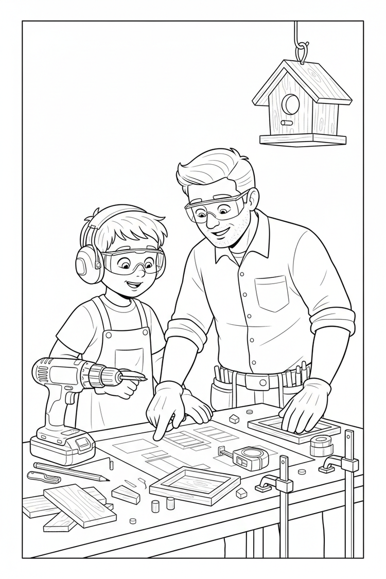 Black-and-white coloring page of a boy in safety gear with an adult supervisor planning a wooden bird feeder with a stored cordless drill, clamps, measuring tape, pre-cut wood, roof panels, seed tray, and finished feeder.
