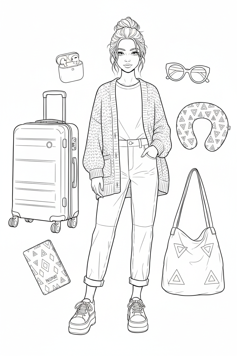 Black-and-white coloring page of a teen girl in a layered sweater, straight-leg pants, and sneakers with a rolling suitcase, passport holder, neck pillow, tote bag, sunglasses, and earbuds.