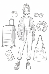 Black-and-white coloring page of a teen girl in a layered sweater, straight-leg pants, and sneakers with a rolling suitcase, passport holder, neck pillow, tote bag, sunglasses, and earbuds.