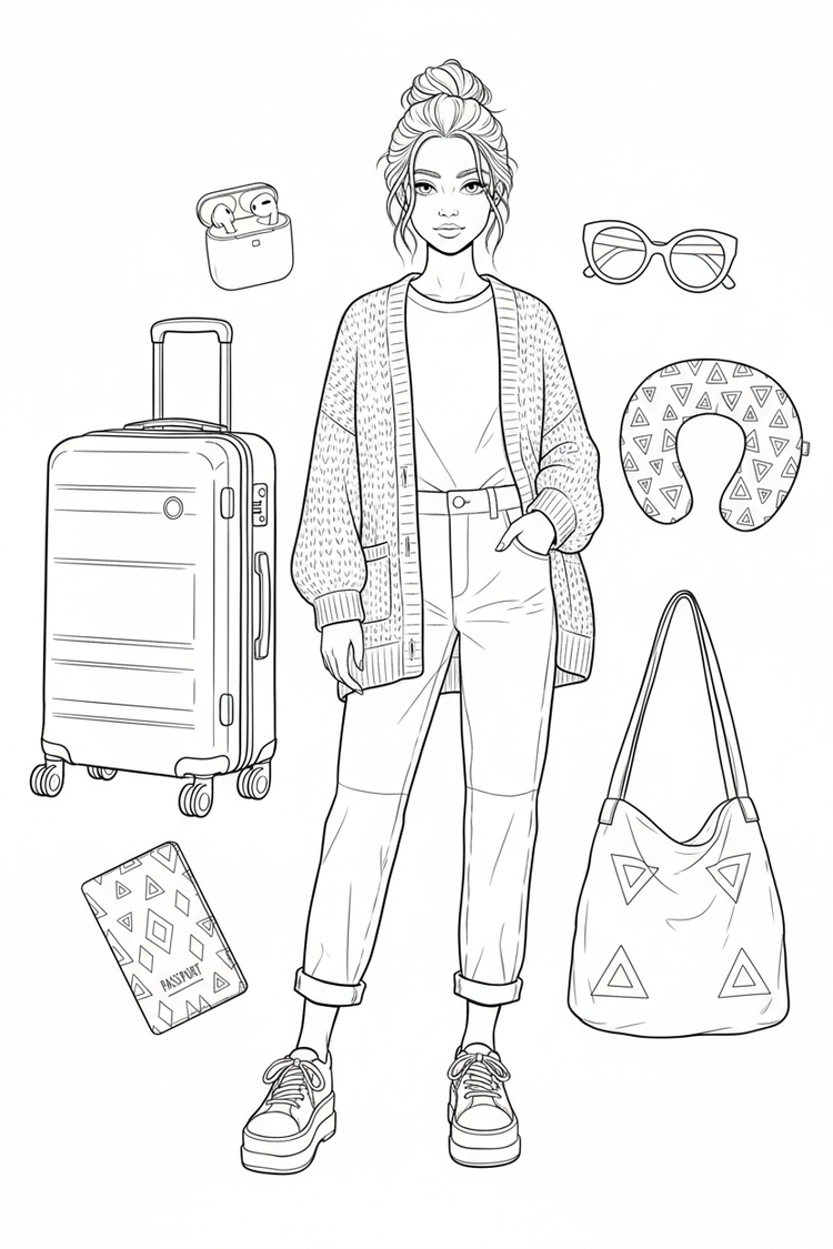Black-and-white coloring page of a teen girl in a layered sweater, straight-leg pants, and sneakers with a rolling suitcase, passport holder, neck pillow, tote bag, sunglasses, and earbuds.