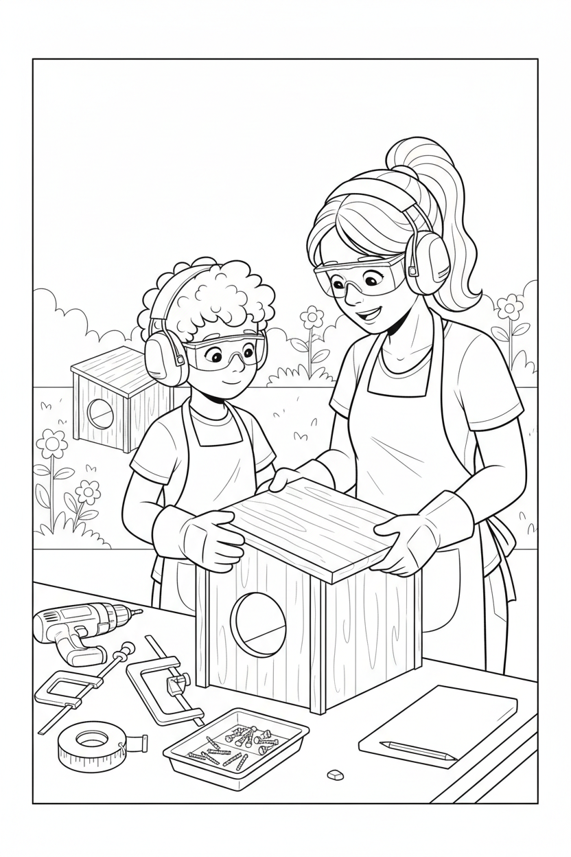 Black-and-white coloring page of a boy in safety gear with an adult supervisor building a small wooden animal shelter for a rabbit or hedgehog with a stored drill, clamps, measuring tape, roof panels, entrance, and tidy garden.
