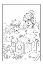 Black-and-white coloring page of a boy in safety gear with an adult supervisor building a small wooden animal shelter for a rabbit or hedgehog with a stored drill, clamps, measuring tape, roof panels, entrance, and tidy garden.