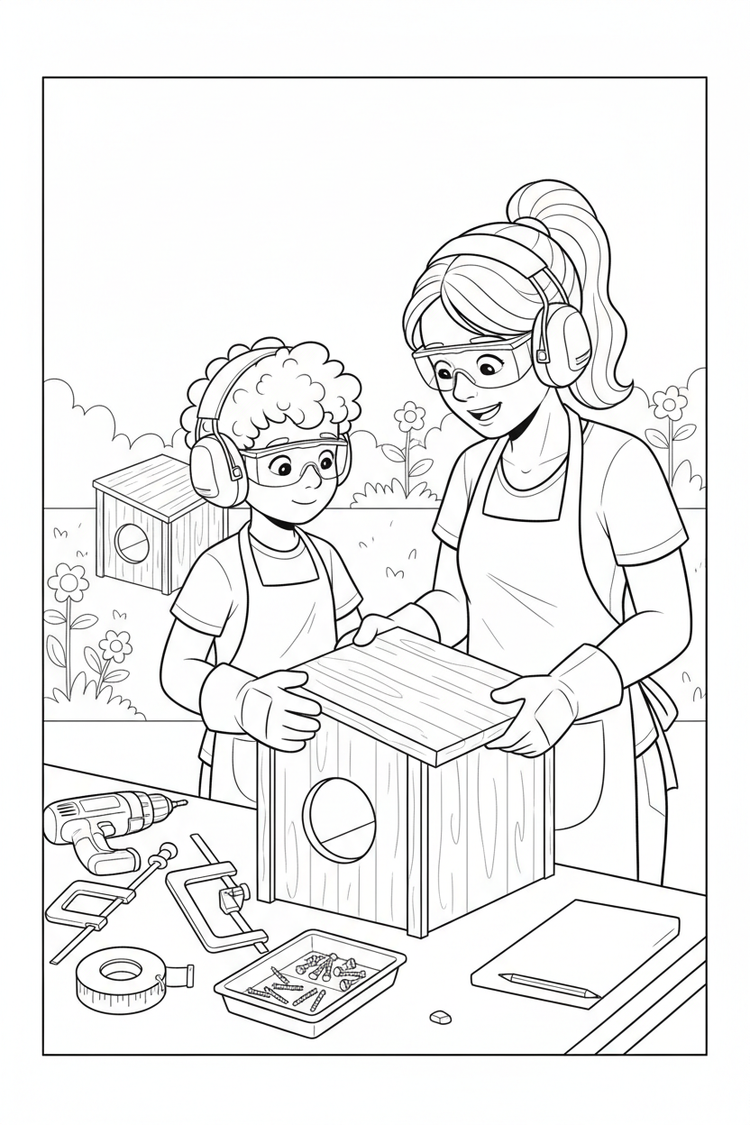 Black-and-white coloring page of a boy in safety gear with an adult supervisor building a small wooden animal shelter for a rabbit or hedgehog with a stored drill, clamps, measuring tape, roof panels, entrance, and tidy garden.