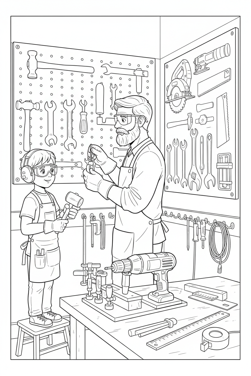 Black-and-white coloring page of a boy in safety gear with an adult supervisor organizing a wooden tool shadowboard with stored hand tools and power tools, hooks, pegboard, and no readable text.