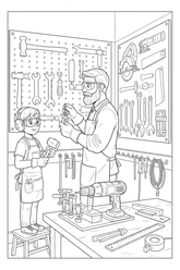 Black-and-white coloring page of a boy in safety gear with an adult supervisor organizing a wooden tool shadowboard with stored hand tools and power tools, hooks, pegboard, and no readable text.