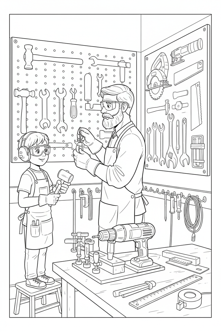 Black-and-white coloring page of a boy in safety gear with an adult supervisor organizing a wooden tool shadowboard with stored hand tools and power tools, hooks, pegboard, and no readable text.