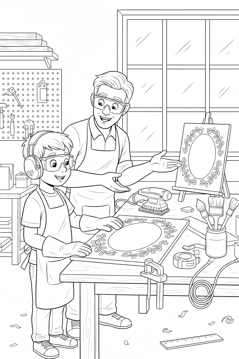 Black-and-white coloring page of a boy in safety gear with an adult supervisor creating a blank decorative wooden sign with an unplugged sander, clamps, paintbrushes, measuring tape, and smooth board.