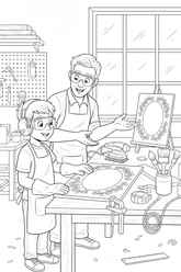 Black-and-white coloring page of a boy in safety gear with an adult supervisor creating a blank decorative wooden sign with an unplugged sander, clamps, paintbrushes, measuring tape, and smooth board.