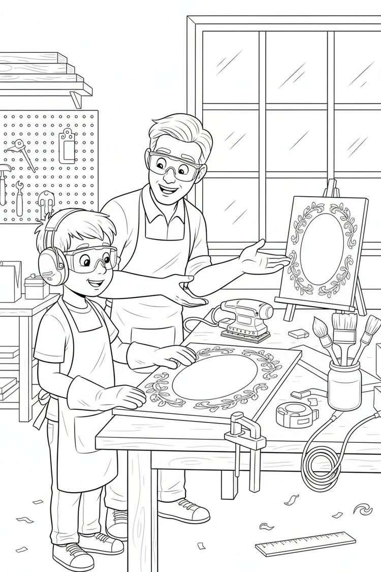 Black-and-white coloring page of a boy in safety gear with an adult supervisor creating a blank decorative wooden sign with an unplugged sander, clamps, paintbrushes, measuring tape, and smooth board.