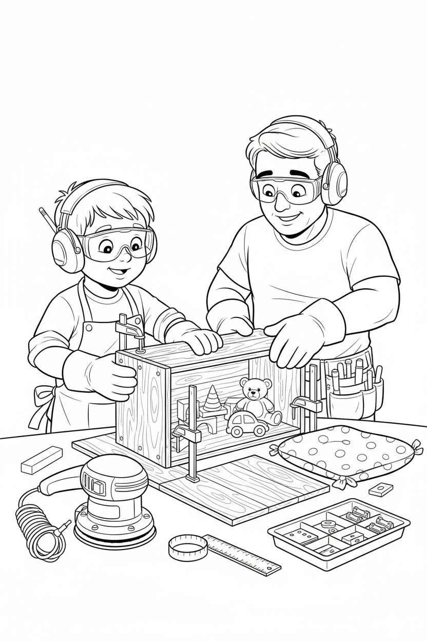 Black-and-white coloring page of a boy in safety gear with an adult supervisor assembling a wooden toy-storage bench with an unplugged sander, clamps, ruler, measuring tape, hinges, cushion, and toys.
