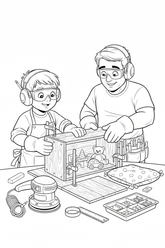 Black-and-white coloring page of a boy in safety gear with an adult supervisor assembling a wooden toy-storage bench with an unplugged sander, clamps, ruler, measuring tape, hinges, cushion, and toys.