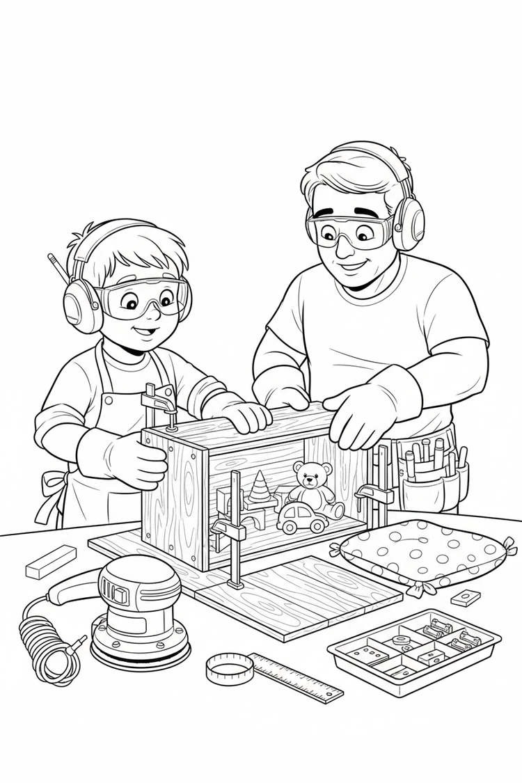 Black-and-white coloring page of a boy in safety gear with an adult supervisor assembling a wooden toy-storage bench with an unplugged sander, clamps, ruler, measuring tape, hinges, cushion, and toys.