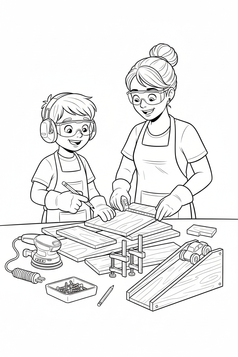 Black-and-white coloring page of a boy in safety gear with an adult supervisor planning a small wooden toy ramp, with an unplugged sander, clamps, measuring tape, smooth wood pieces, and finished ramp.