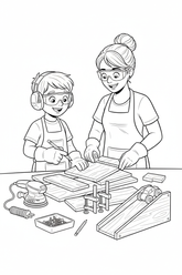 Black-and-white coloring page of a boy in safety gear with an adult supervisor planning a small wooden toy ramp, with an unplugged sander, clamps, measuring tape, smooth wood pieces, and finished ramp.
