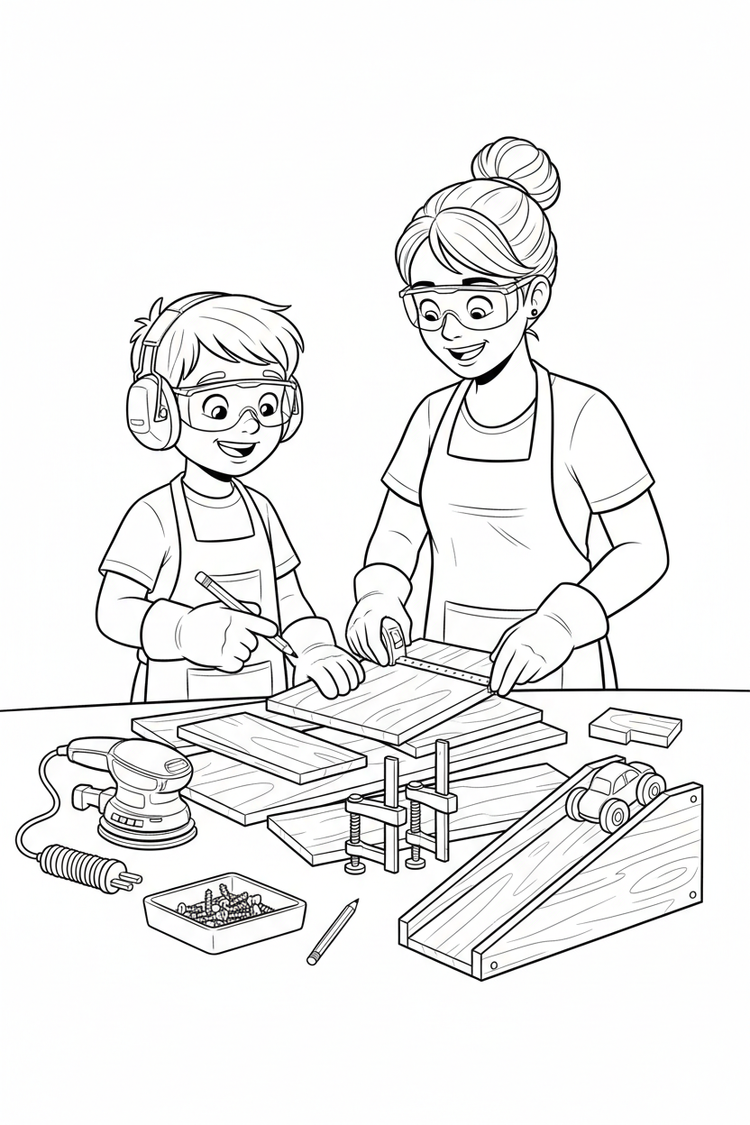 Black-and-white coloring page of a boy in safety gear with an adult supervisor planning a small wooden toy ramp, with an unplugged sander, clamps, measuring tape, smooth wood pieces, and finished ramp.