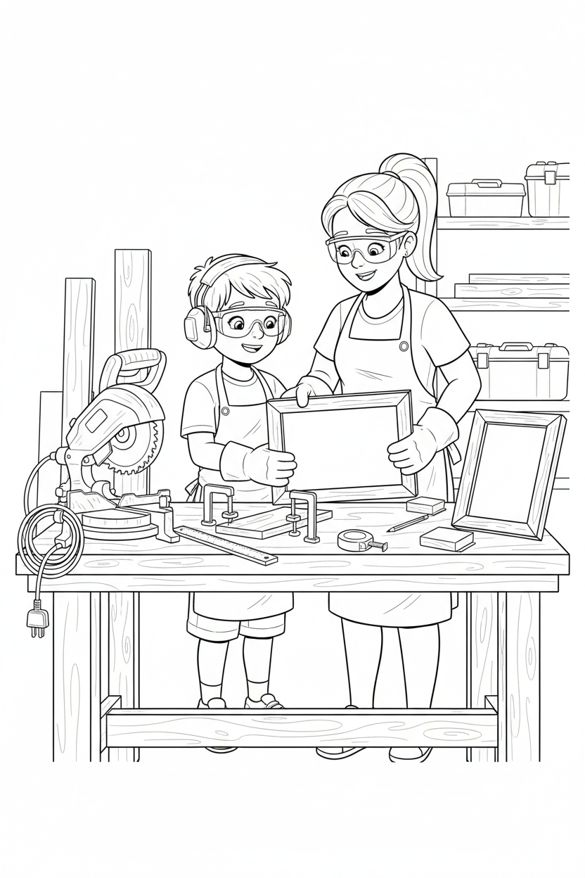 Black-and-white coloring page of a boy in safety gear with an adult supervisor making a blank wooden picture frame with an unplugged miter saw, clamps, ruler, measuring tape, corner pieces, and sandpaper.