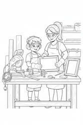 Black-and-white coloring page of a boy in safety gear with an adult supervisor making a blank wooden picture frame with an unplugged miter saw, clamps, ruler, measuring tape, corner pieces, and sandpaper.