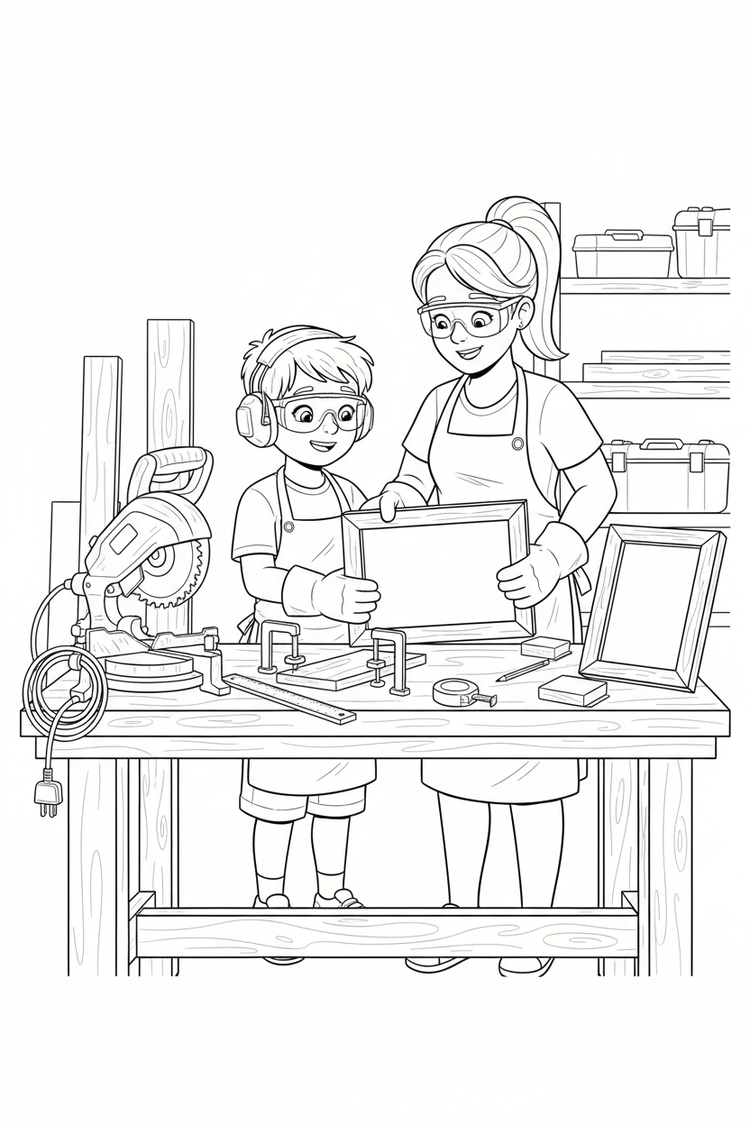 Black-and-white coloring page of a boy in safety gear with an adult supervisor making a blank wooden picture frame with an unplugged miter saw, clamps, ruler, measuring tape, corner pieces, and sandpaper.