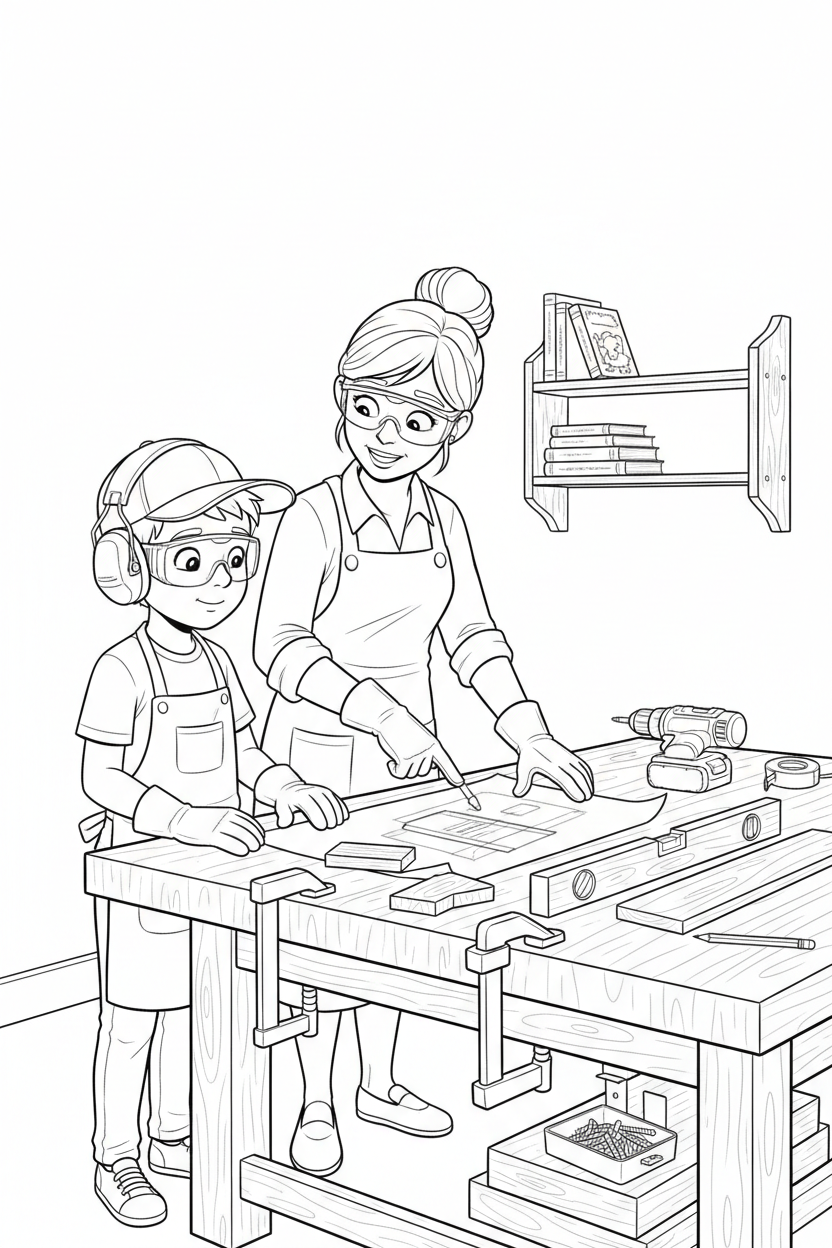 Black-and-white coloring page of a boy in safety gear with an adult supervisor planning a wooden wall shelf with a stored drill, clamps, level, measuring tape, brackets, and finished shelf.