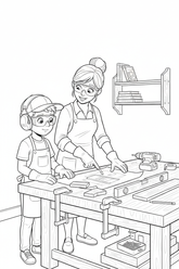 Black-and-white coloring page of a boy in safety gear with an adult supervisor planning a wooden wall shelf with a stored drill, clamps, level, measuring tape, brackets, and finished shelf.