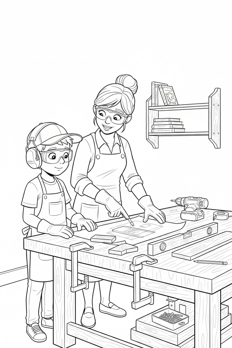Black-and-white coloring page of a boy in safety gear with an adult supervisor planning a wooden wall shelf with a stored drill, clamps, level, measuring tape, brackets, and finished shelf.
