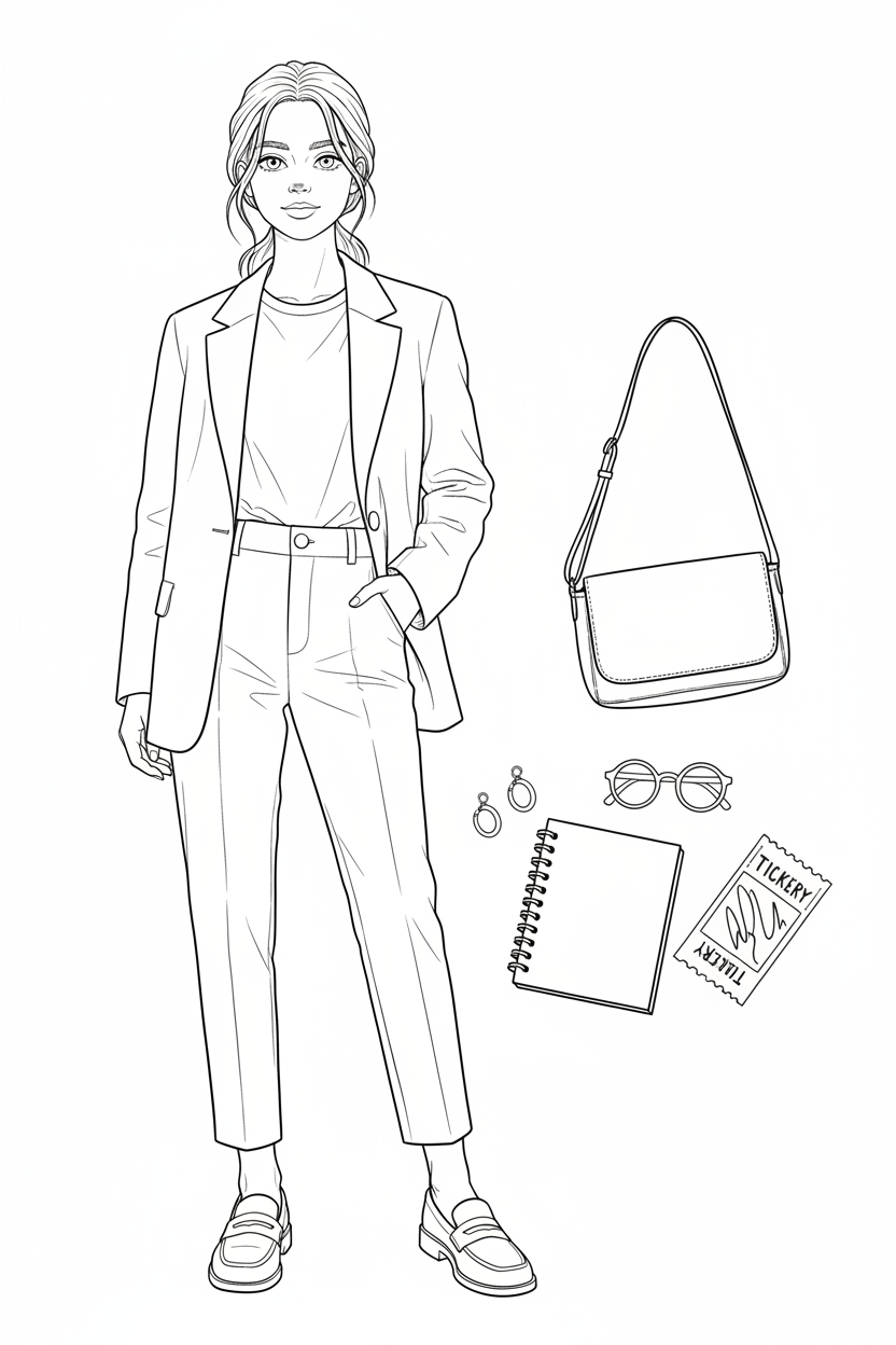 Black-and-white coloring page of a teen girl in a blazer, simple tee, ankle-length trousers, and loafers with a crossbody bag, sketchbook, glasses, earrings, and gallery ticket.