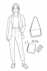 Black-and-white coloring page of a teen girl in a blazer, simple tee, ankle-length trousers, and loafers with a crossbody bag, sketchbook, glasses, earrings, and gallery ticket.